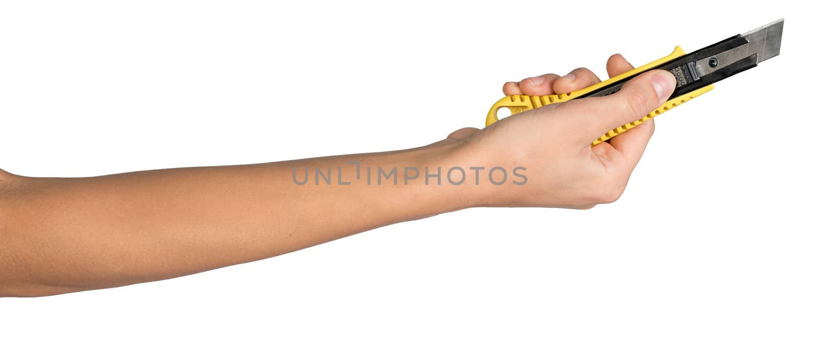 Female hand, bare, holding cutter knife, isolated over white background