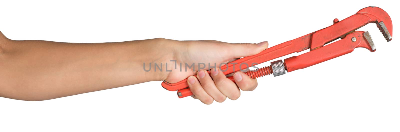 Female hand holding gas wrench by cherezoff