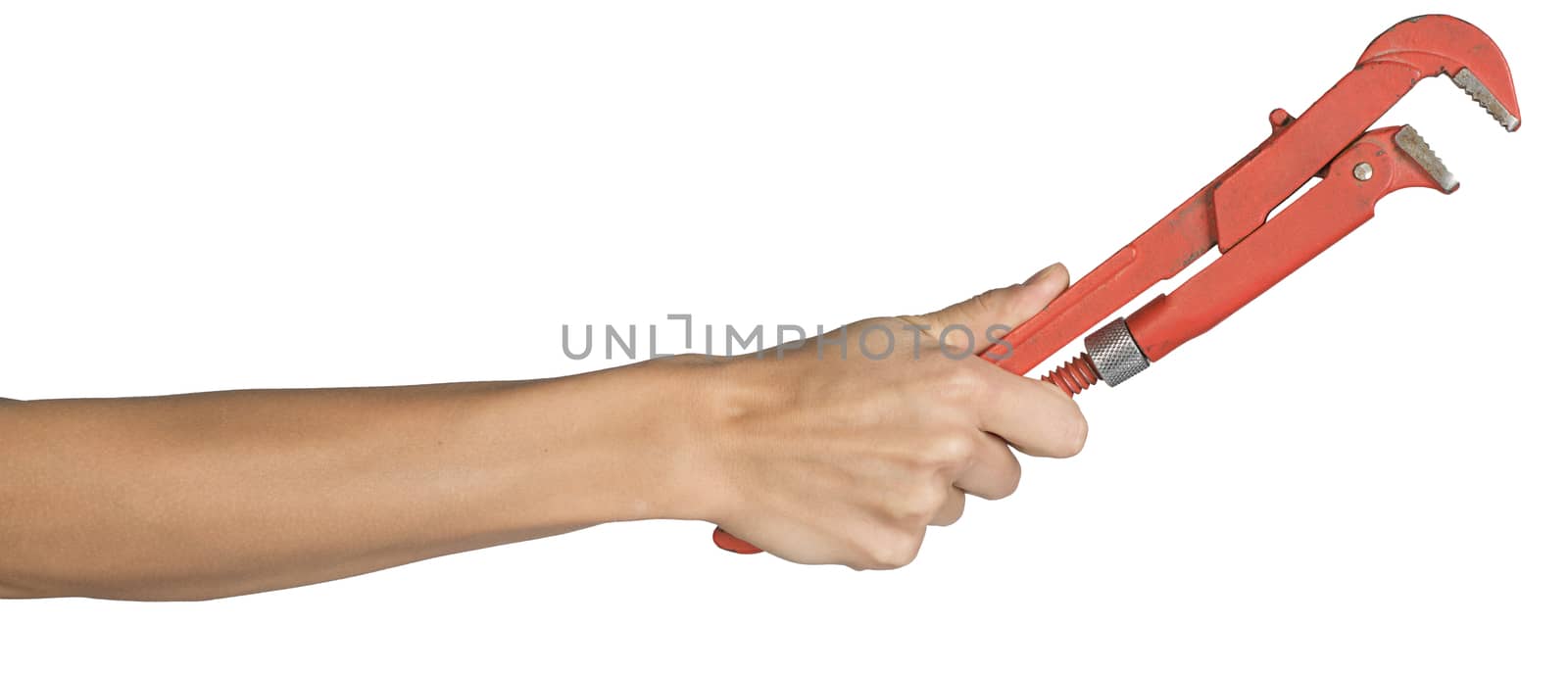 Female hand, bare, holding gas wrench, isolated over white background