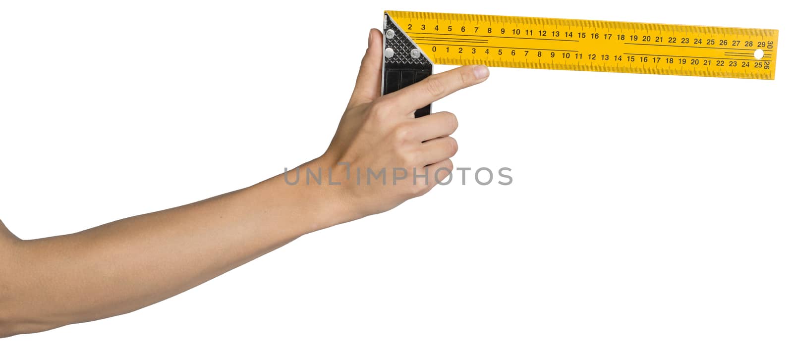 Female hand, bare, holding angle ruler, isolated over white background