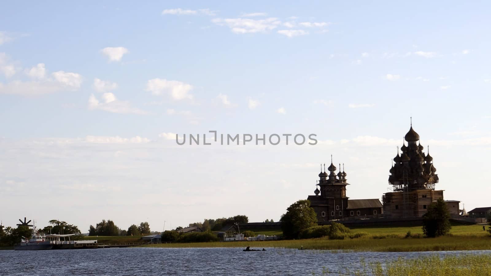 Old wooden churches on island Kizhi on Onega lake in region Karelia on North of Russia, UNESCO World Heritage site.