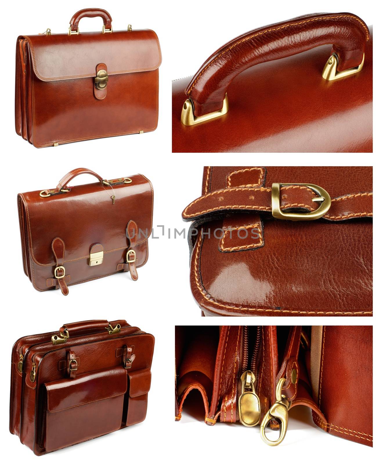 Collection of Ginger Shiny Leather Briefcases with Pockets, Bronze Details and Fasteners isolated on white background