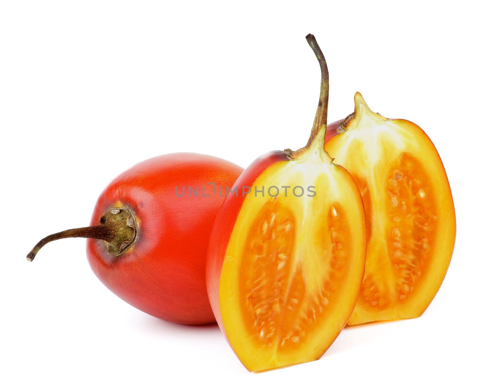 Exotic Tropical Fruits Two Halves and Full Body Tamarillo isolated on white background