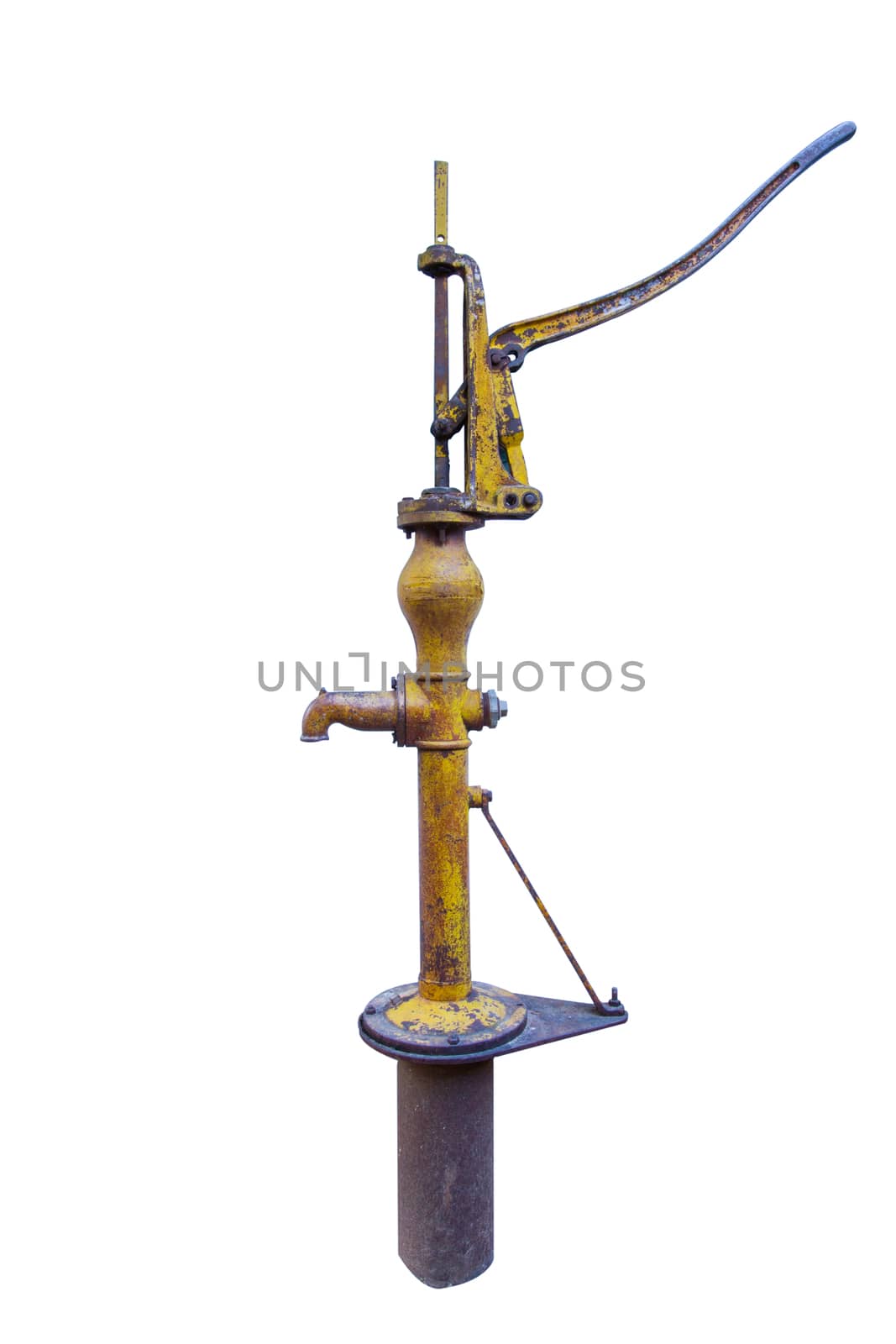 old rusty hand water pump - retro style on white background
