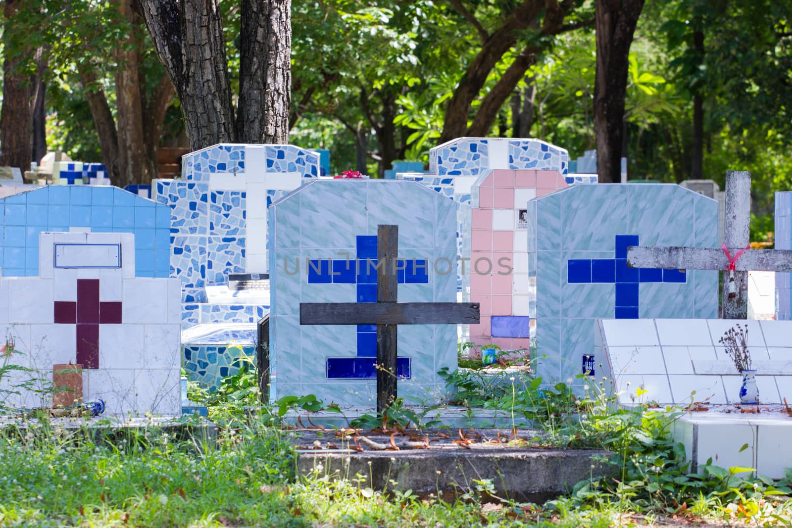 Cemetery tombstone on Christian graveyard in Thailand by a3701027