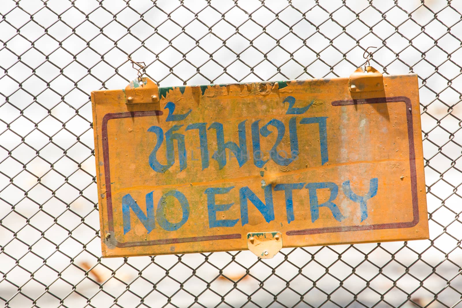 old no entry sign on mesh wire for fencing background. Thai language means No Entry