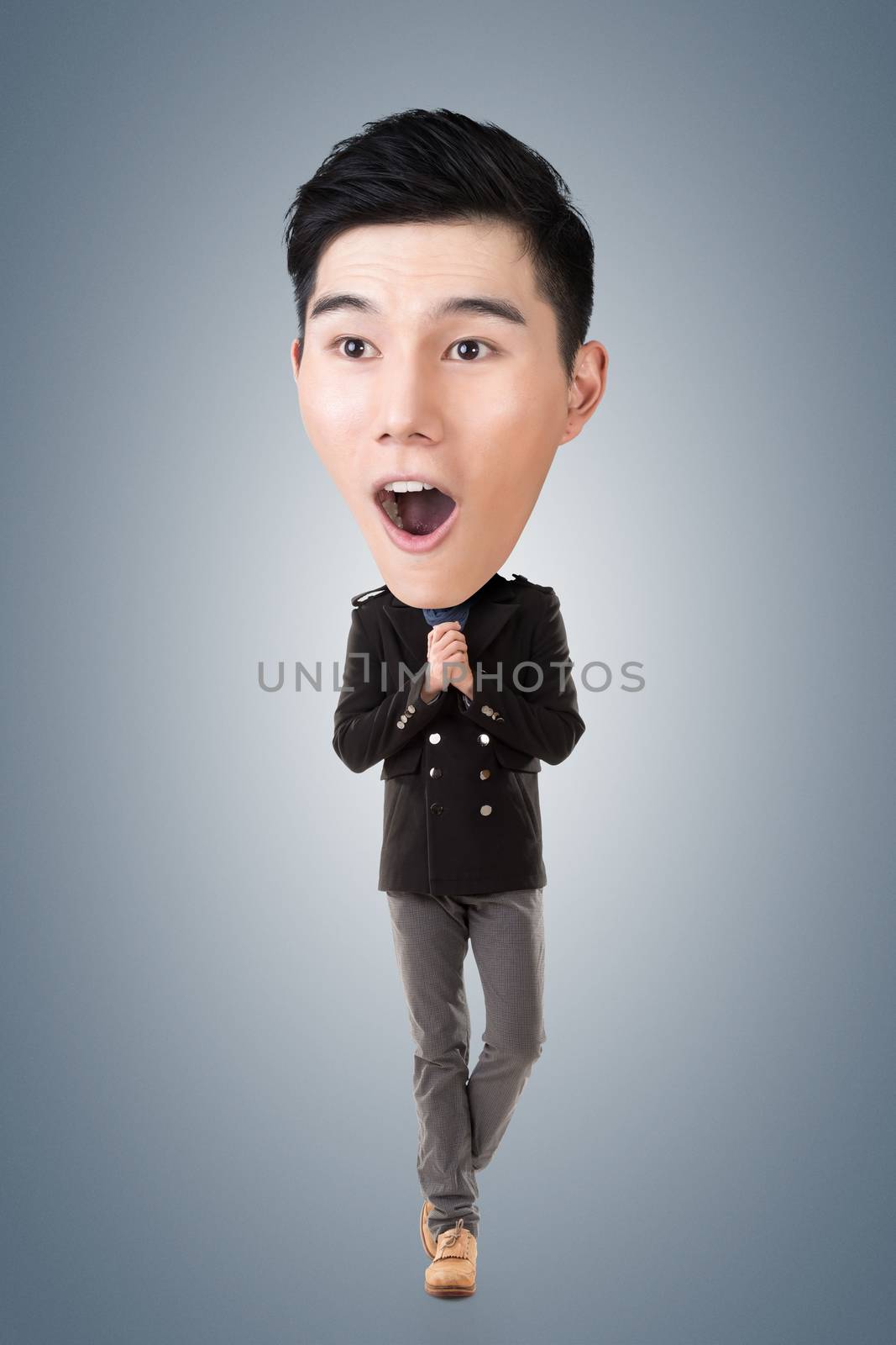 Funny Asian big head man, full length portrait.