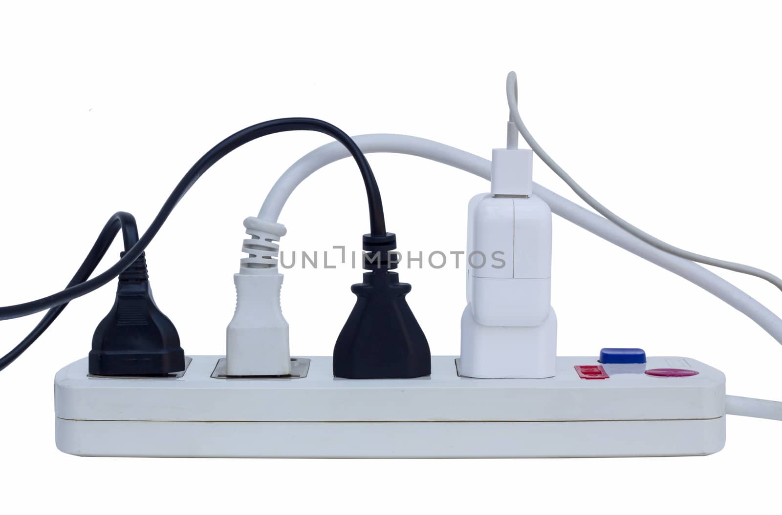 white multiple socket extension cord with plugs isolated in white background