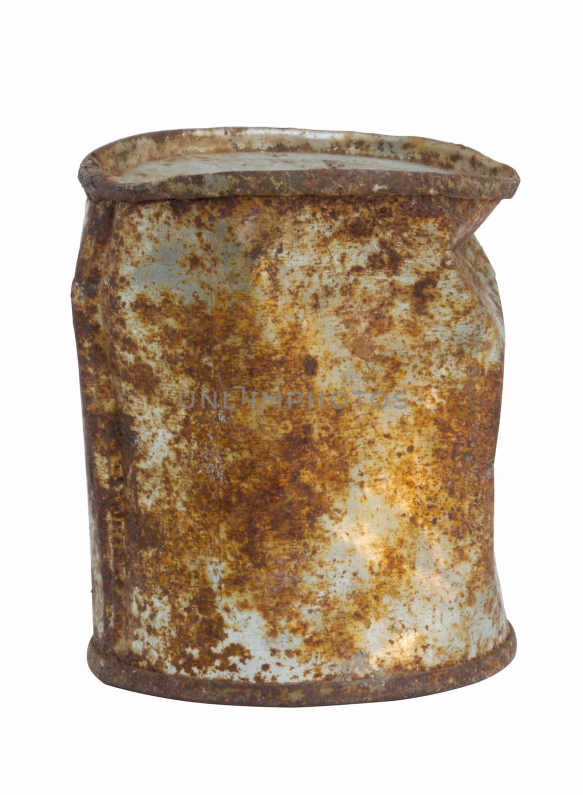 Old rusty tin can on white background