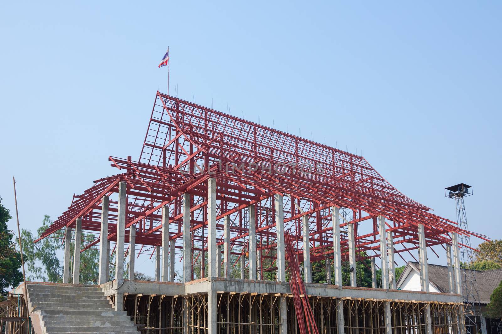 Construction site with thai temple and steelwork