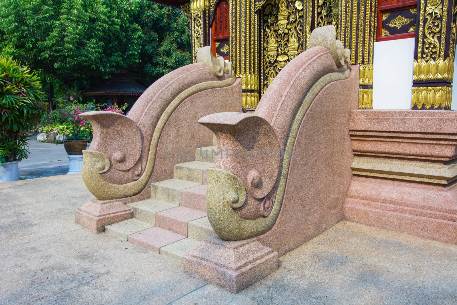 stone stairs and handrail of a temple in Thailand