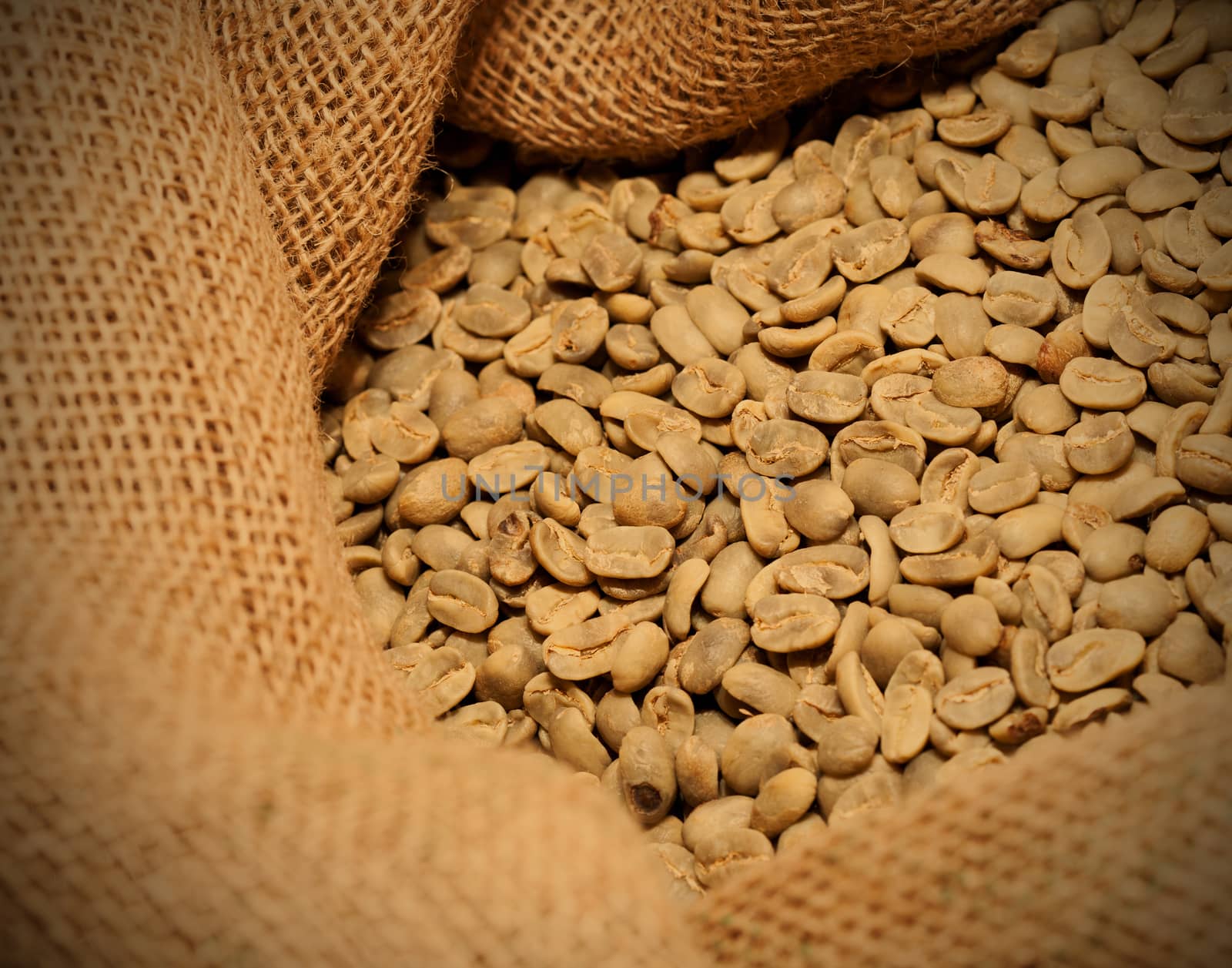 raw coffee beans in a sack, instagram image style