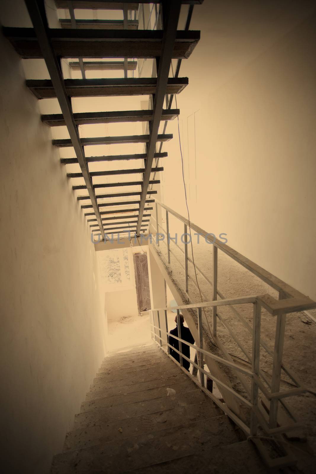 interior with stairway in the new unfinished house, instagram image style