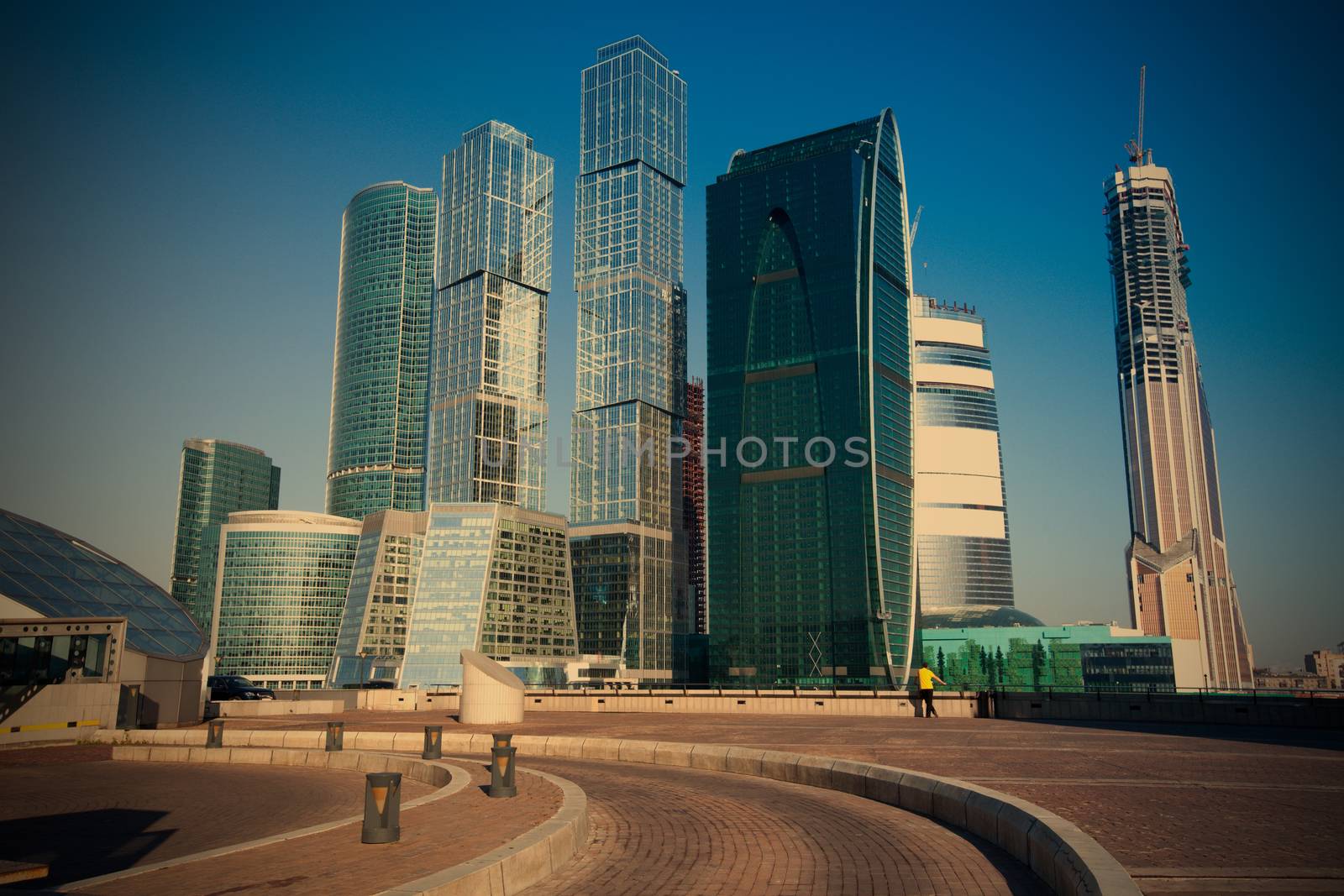 panorama of Moscow City, Russia from the right bank of the Moscow River, instagram image style