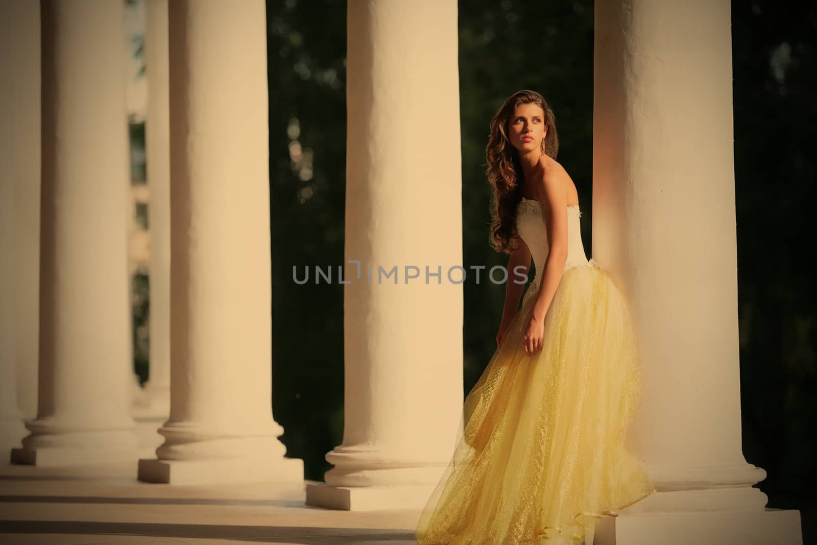 colonnade of the old-time building and gorgeous bride in the white-golden gown, instagram image style