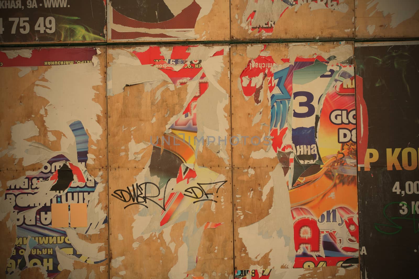 surface of the billboard with scrap of the paper announcements and posters, instagram image style