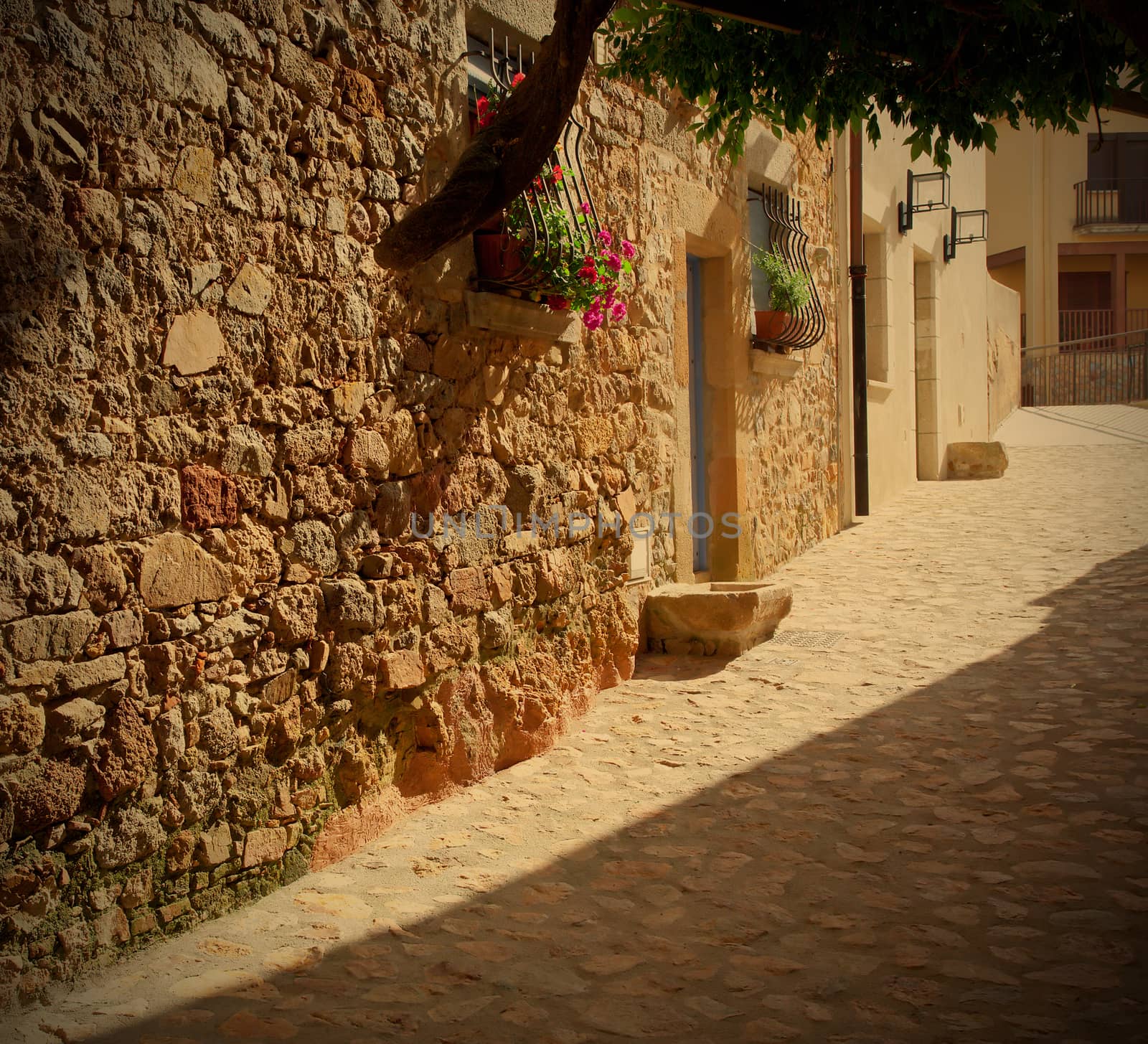 old Spanish street at evening, Tossa de Mar town, instagram image style