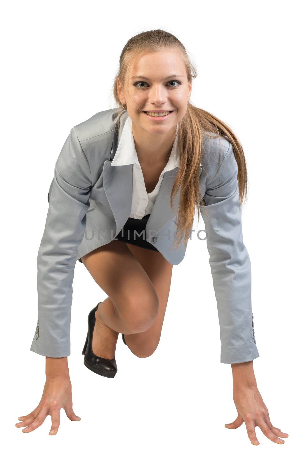 Businesswoman standing in running start pose, smiling, front view, Isolated over white background
