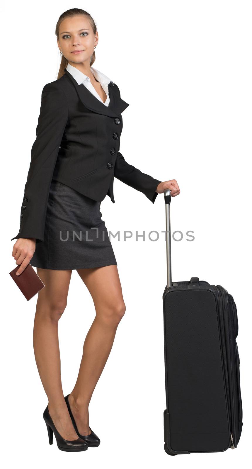 Businesswoman with wheeled travel bag and passport with blank cover, looking at camera. Isolated over white background