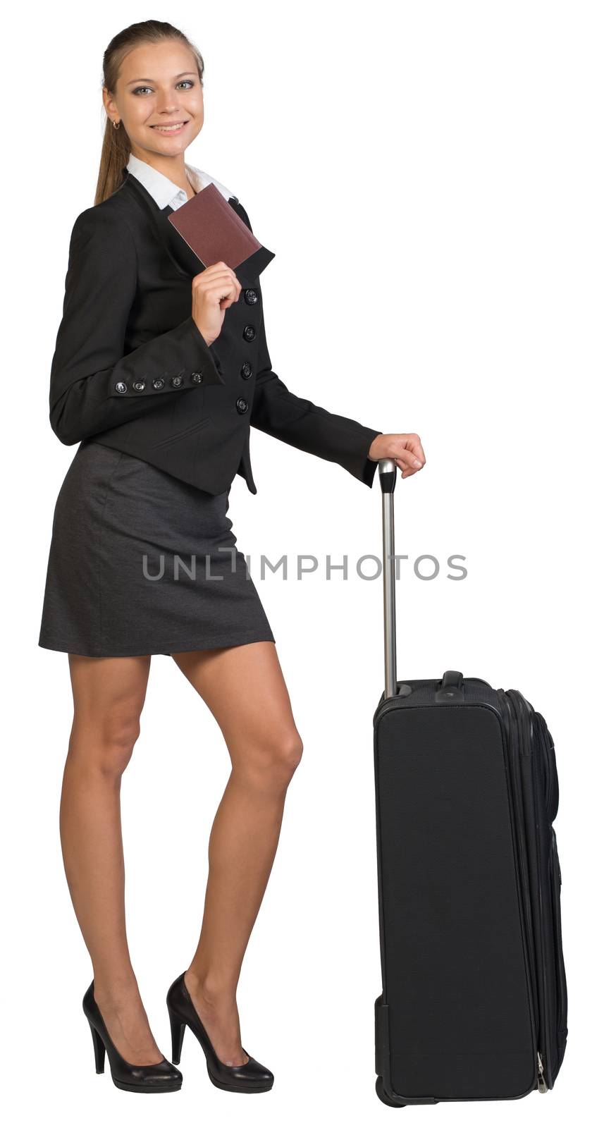 Businesswoman with suitcase and passport by cherezoff