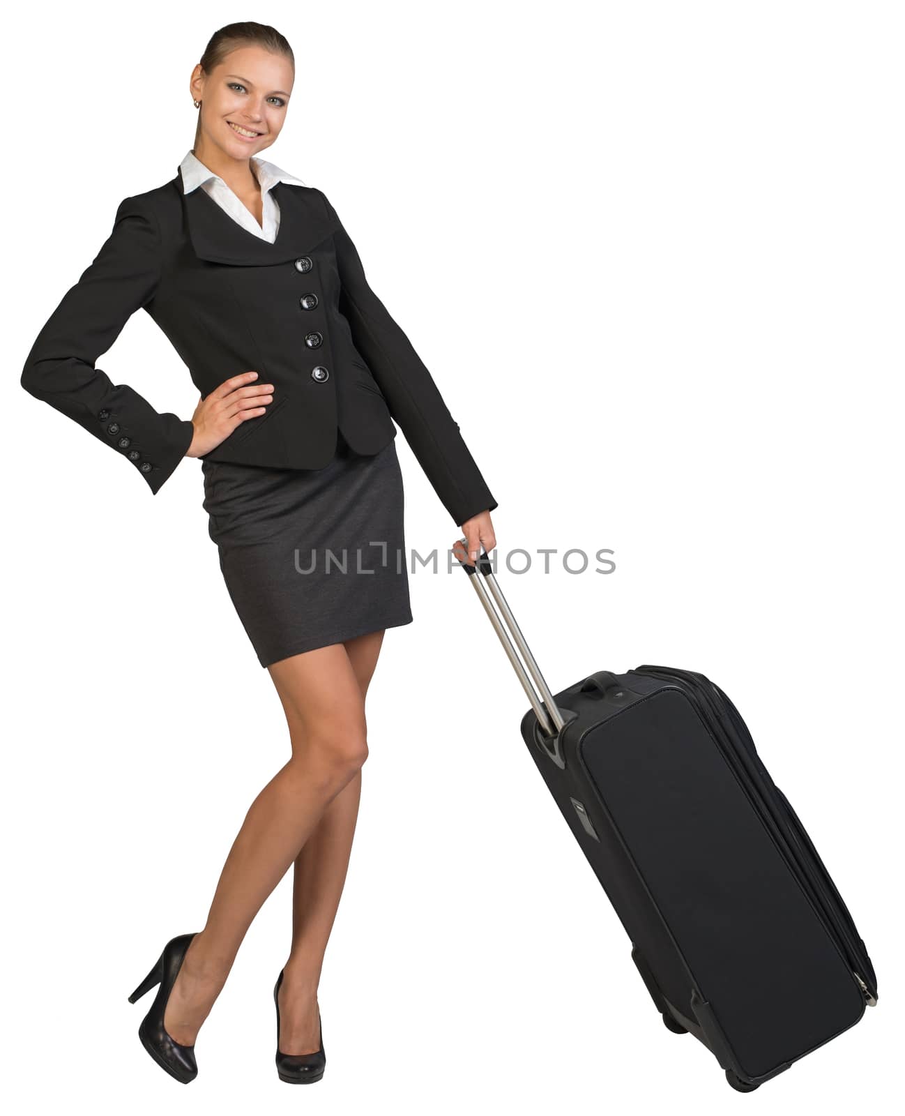 Businesswoman holding wheeled bag, hand on hip by cherezoff