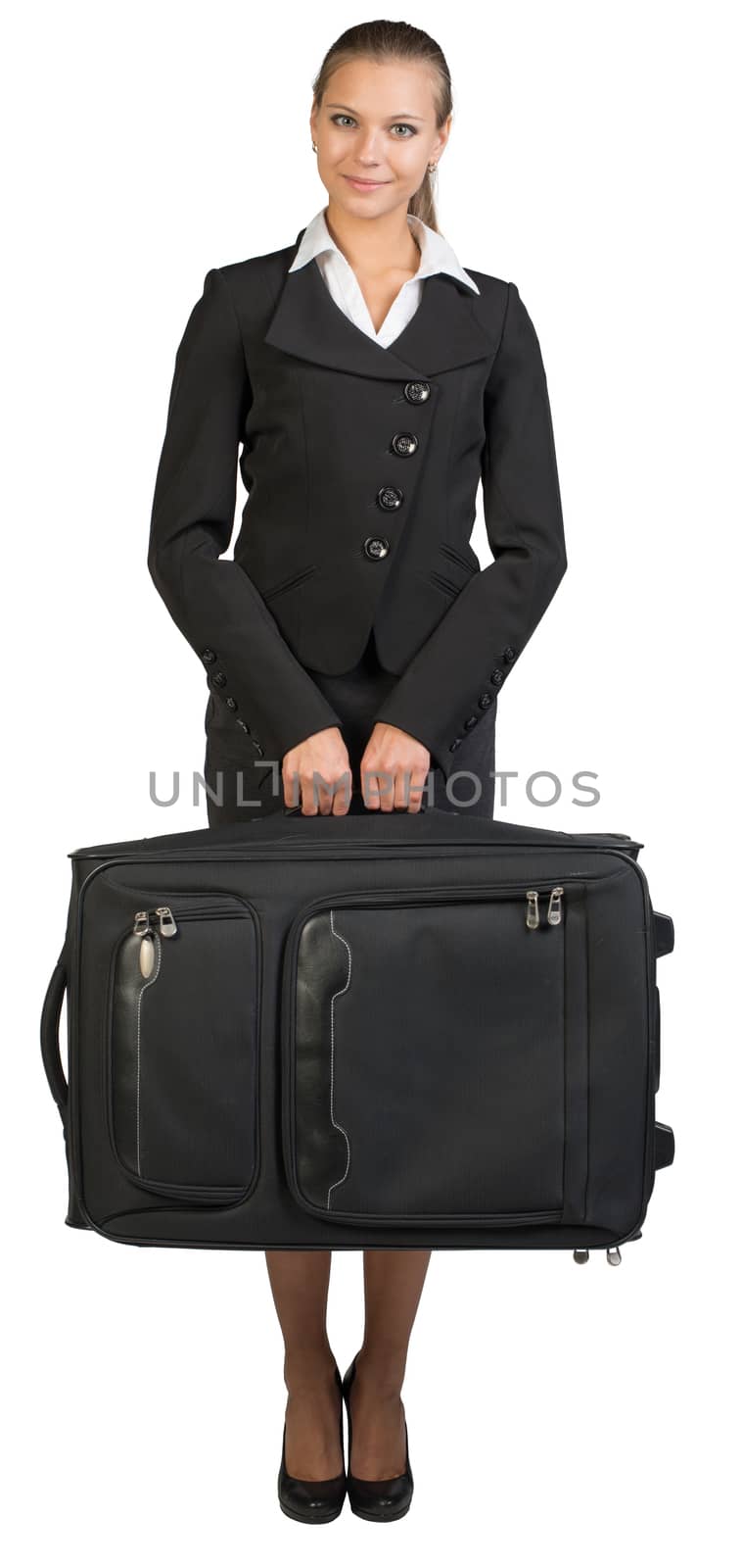 Businesswoman holding suitcase, looking at camera, smiling. Isolated over white background