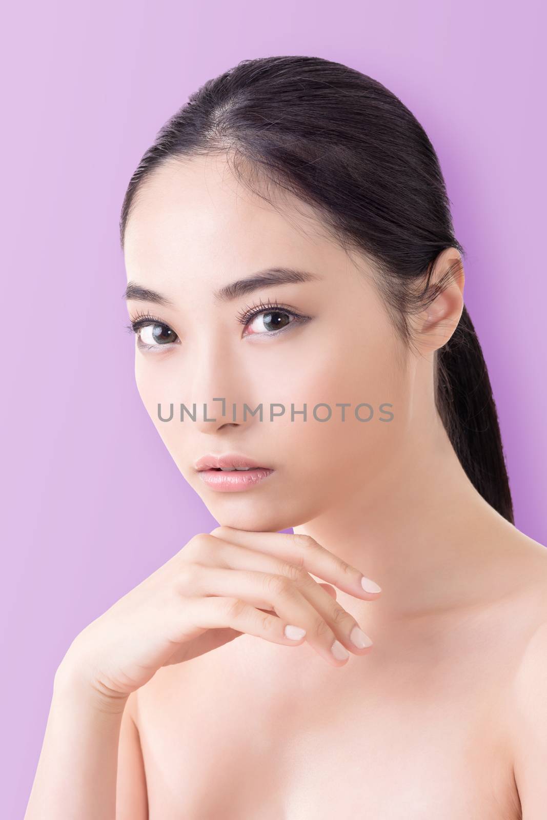 Asian beauty face, closeup portrait with clean and fresh elegant lady.