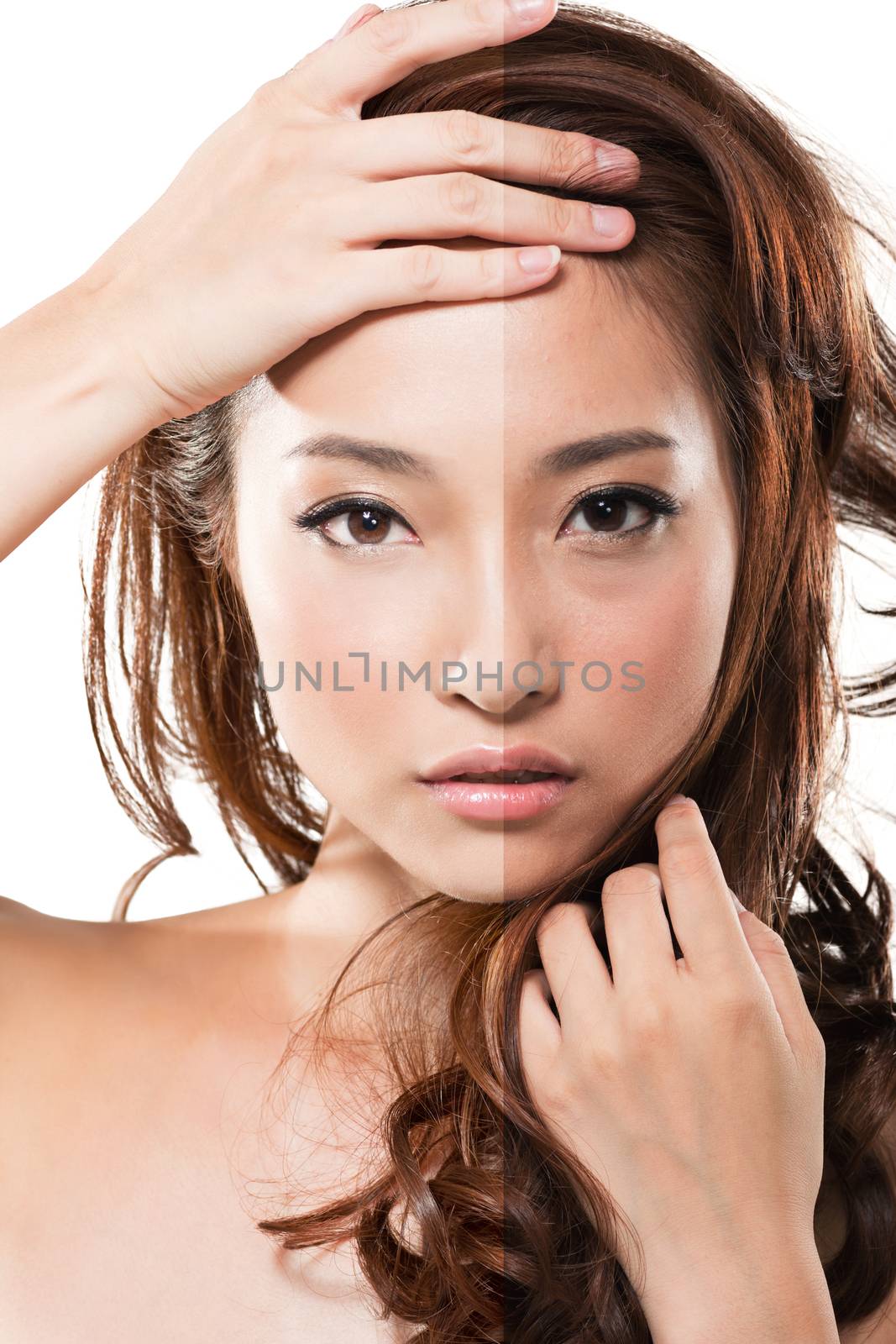 Face of beautiful Asian woman before and after retouch, concept of makeup or plastic surgery.