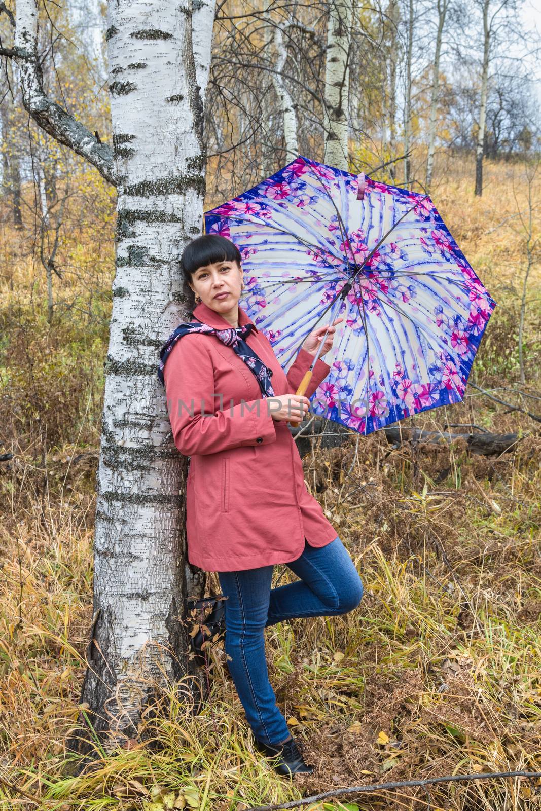woman with umbrella in a forest is worth about a tree trunk