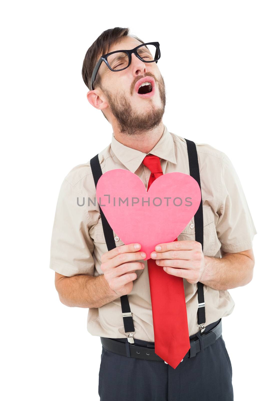 Geeky hipster crying and holding heart card on white background