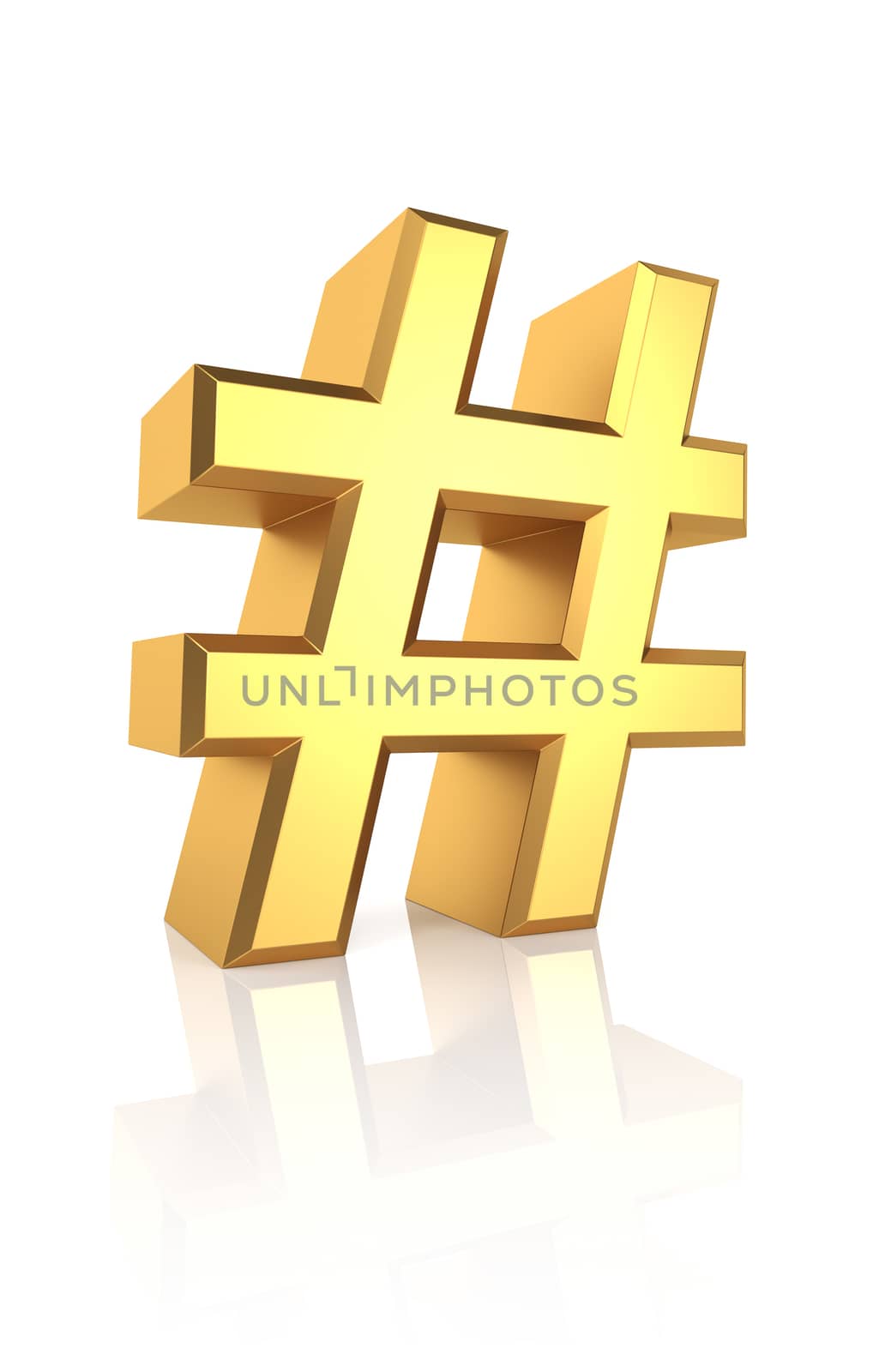 Golden hash symbol isolated on white background. 3d render