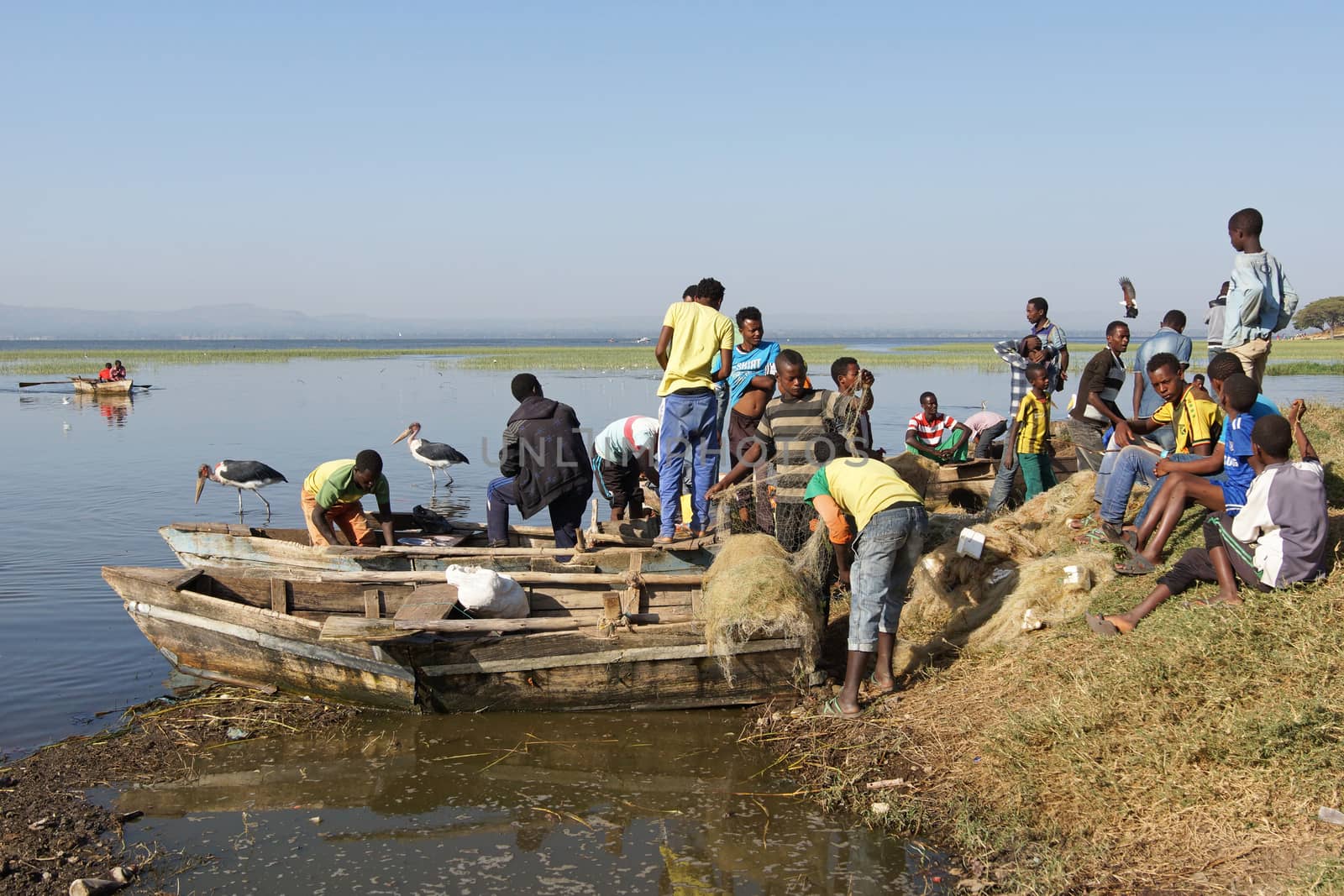 AWASSA, ETHIOPIA - NOVEMBER 16, 2014: People on the fish market of Awassa on November 16, 2014 in Awassa, Great Rift Valley, Ethiopia, Africa