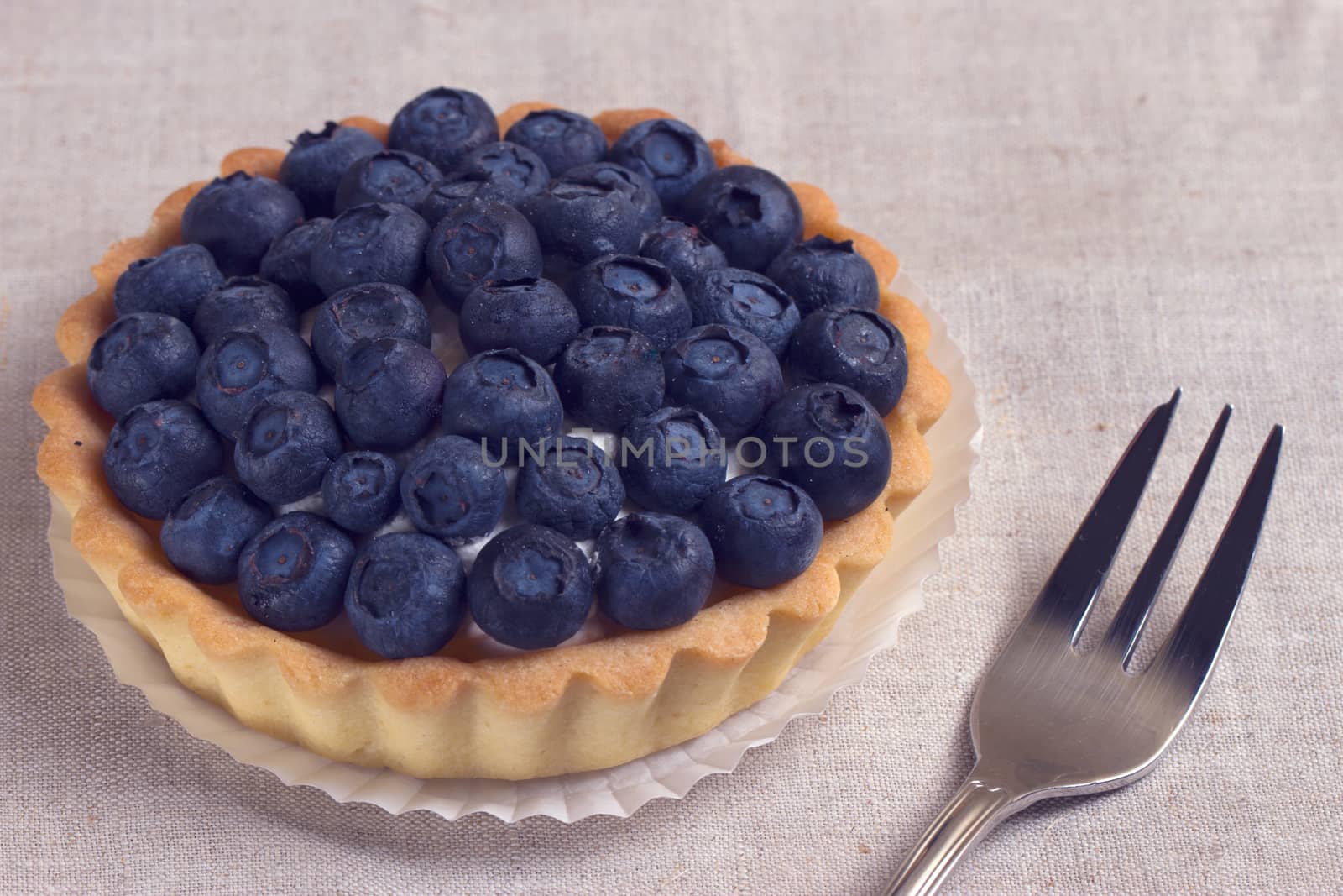 Tartlet with fresh blueberries on a wooden background 
