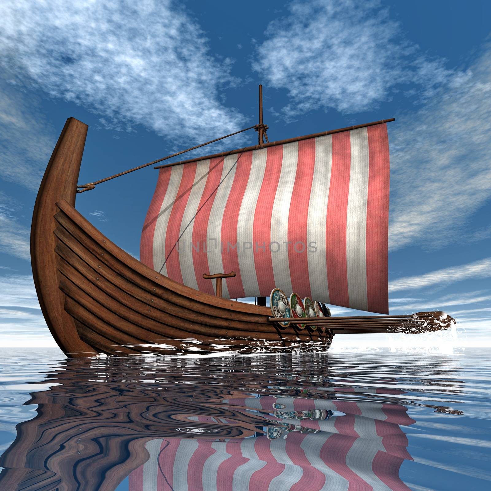 Drakkar or viking ship floating on the ocean -3D render