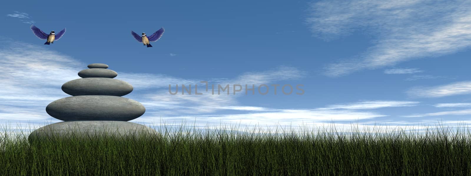 Beautiful blue birds flying upon balanced pebbles by clear day - 3D render