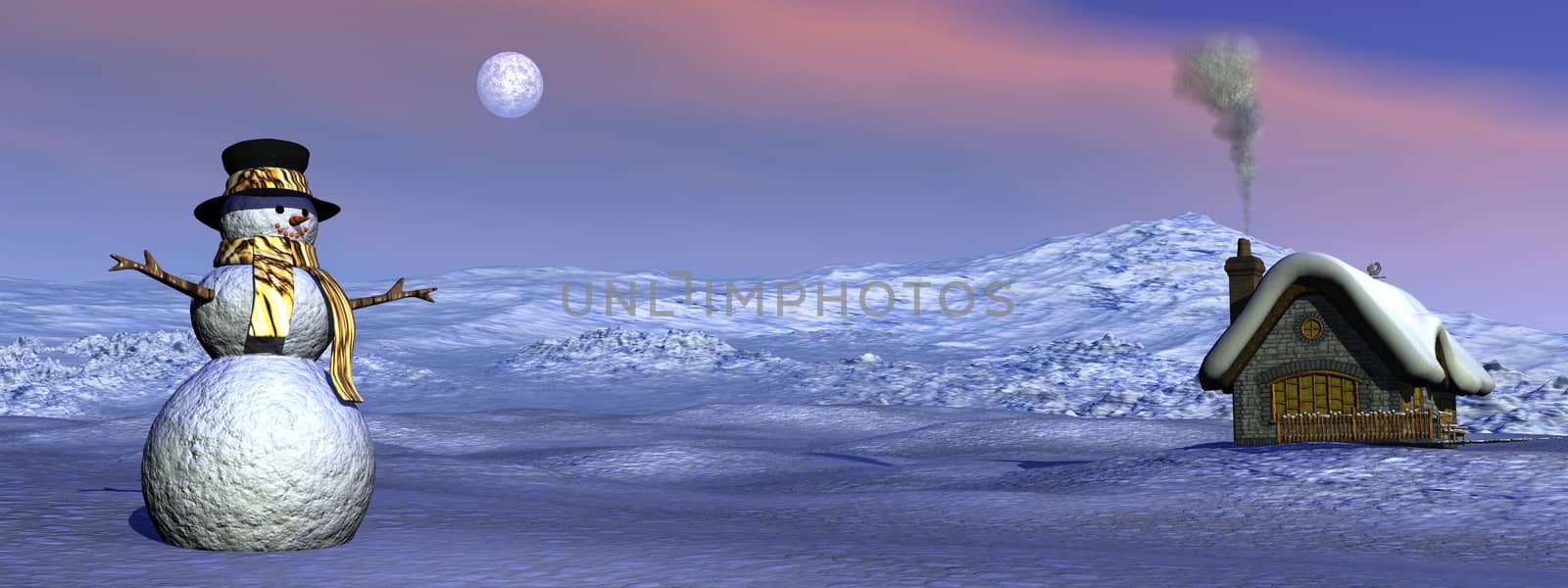 Snowman standing next to a cottage on snowy hill by night with full moon - 3D render