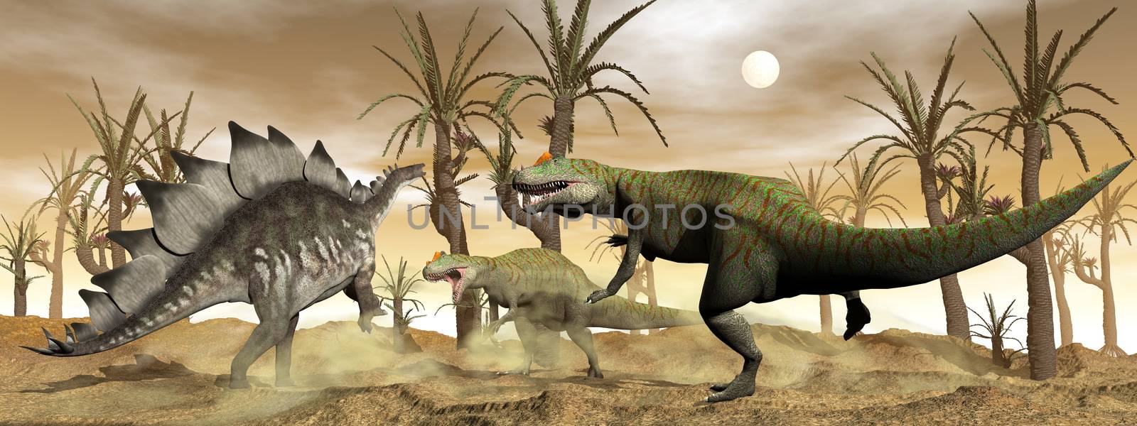 Two allosaurus and one stegosaurus dinosaurs fighting next to williamson trees in the desert by brown sunset - 3D render