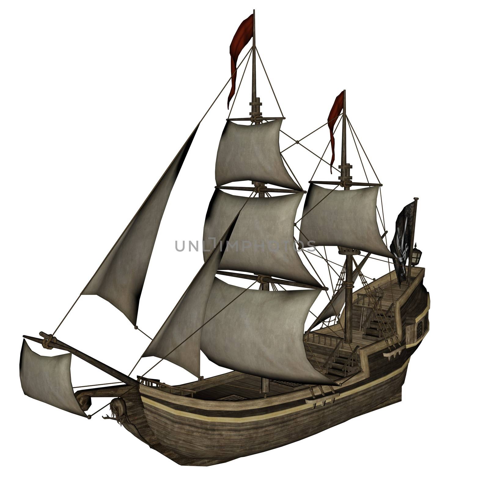 Beautiful detailed Smirking Mermaid, a Pirate Ship, isolated in white background - 3D render