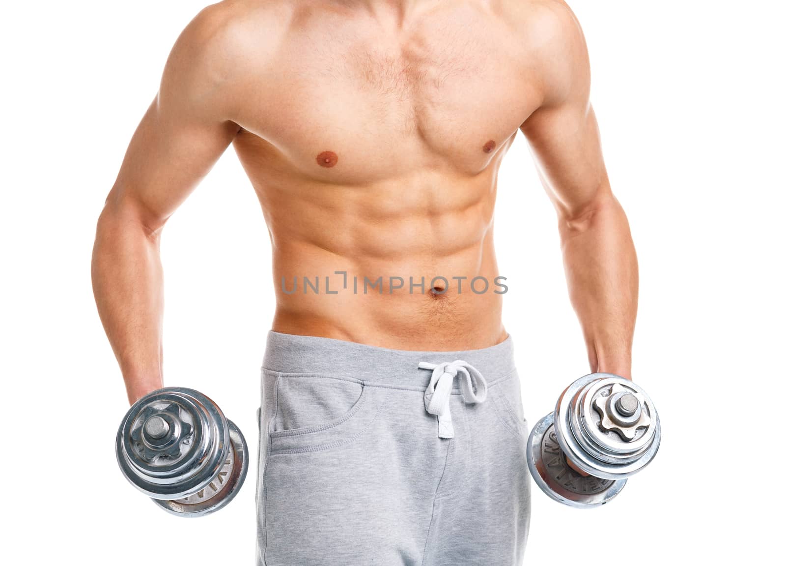 Athletic man with dumbbells on the white background