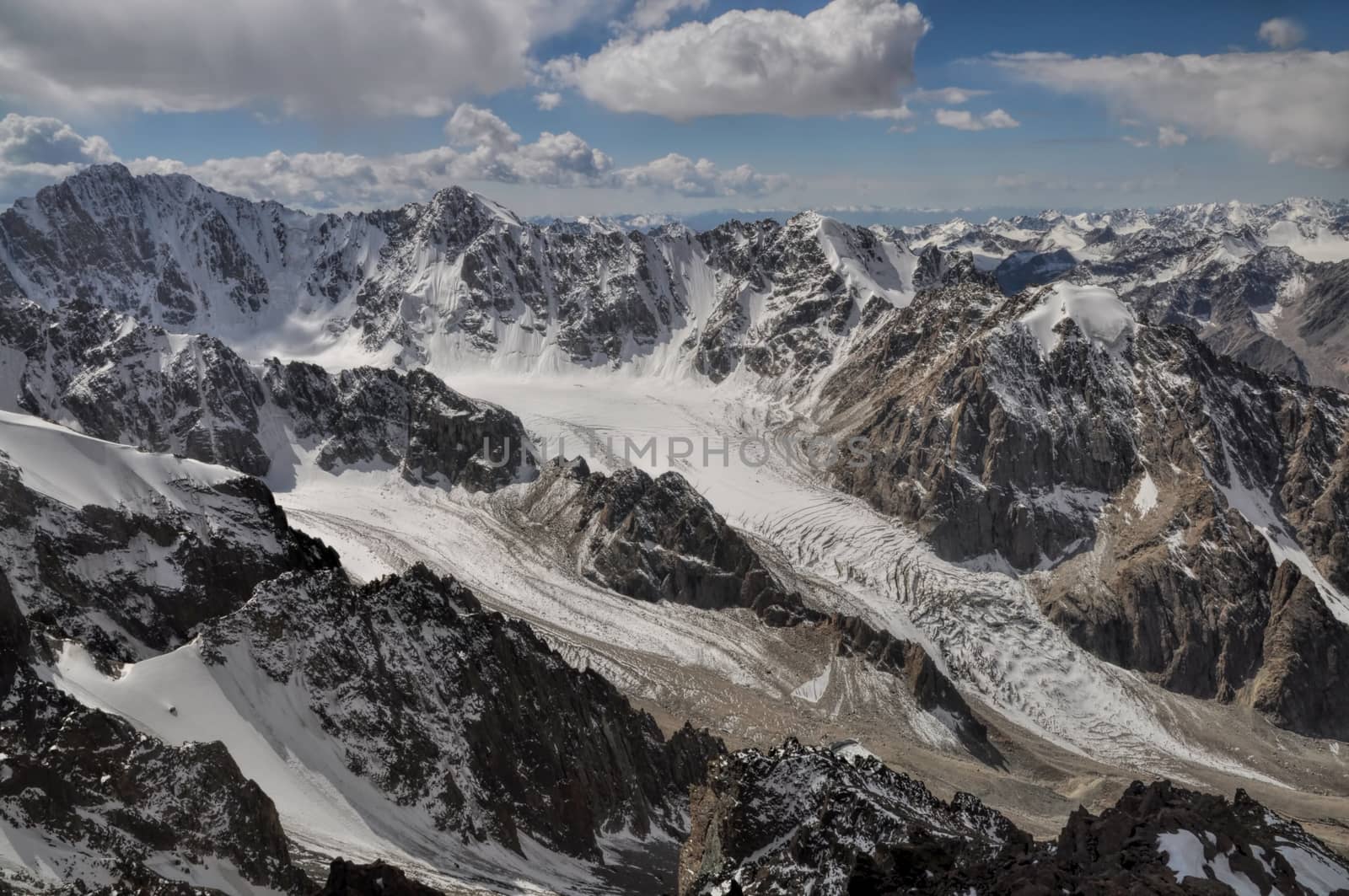 Majestic mountain peaks and glaciers in Tian Shan mountain range in Kyrgyzstan