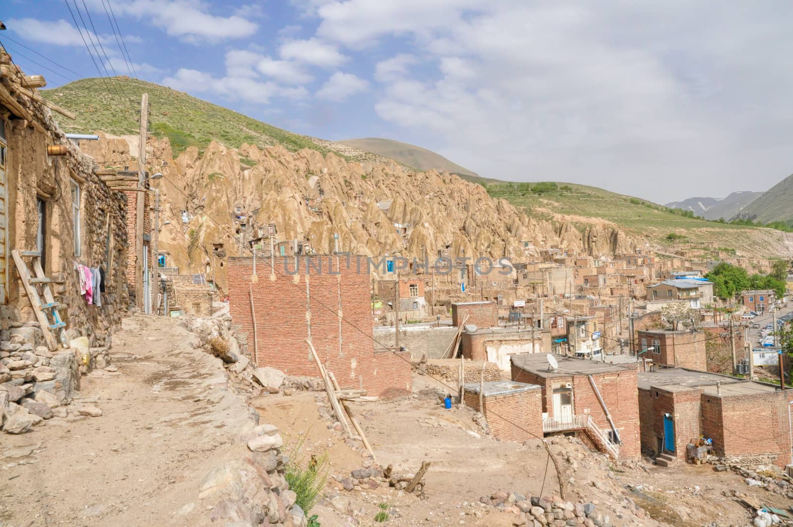 Scenic view of unusual cone shaped dwellings in Kandovan village in Iran