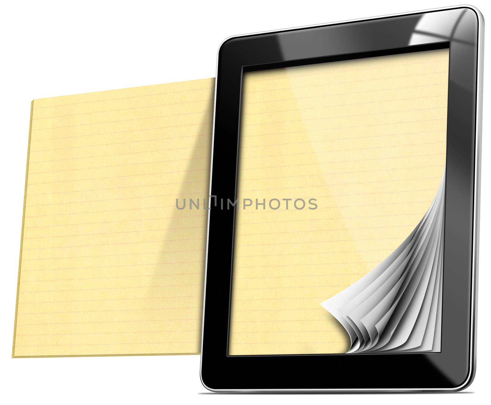 Black tablet computer with yellow lined pages. Isolated on white background