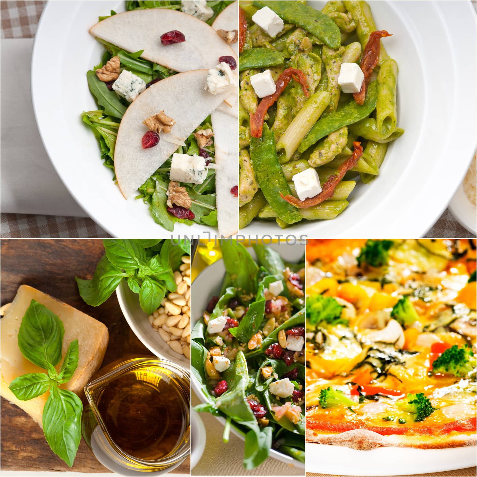 healthy vegetarian pasta soup salad pizza Italian food staples collage