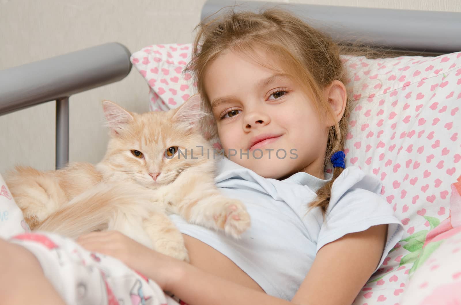 Six year old girl lying in bed with a young cat