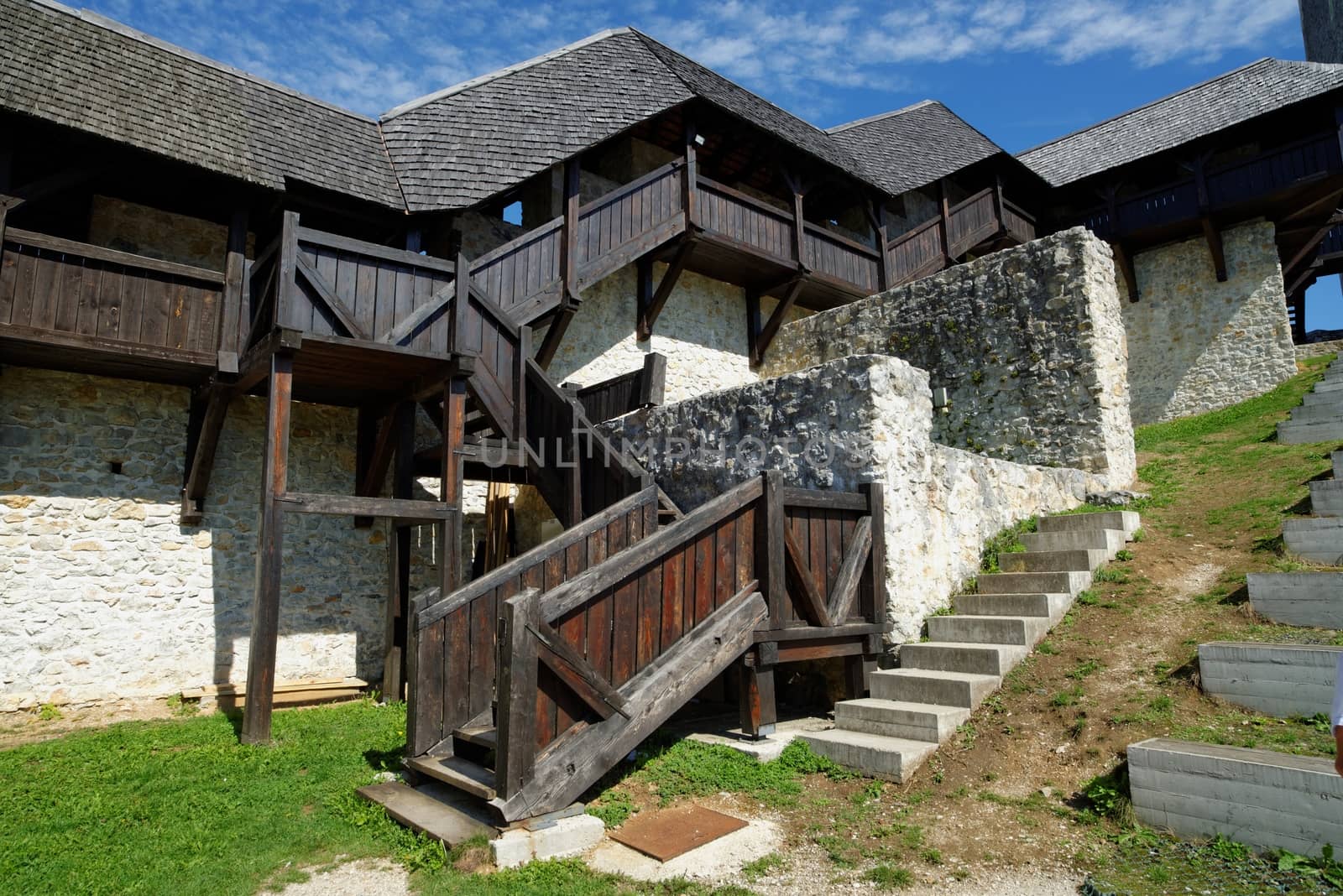 Covered wooden staircase and gallery in Celje medieval castle in Slovenia