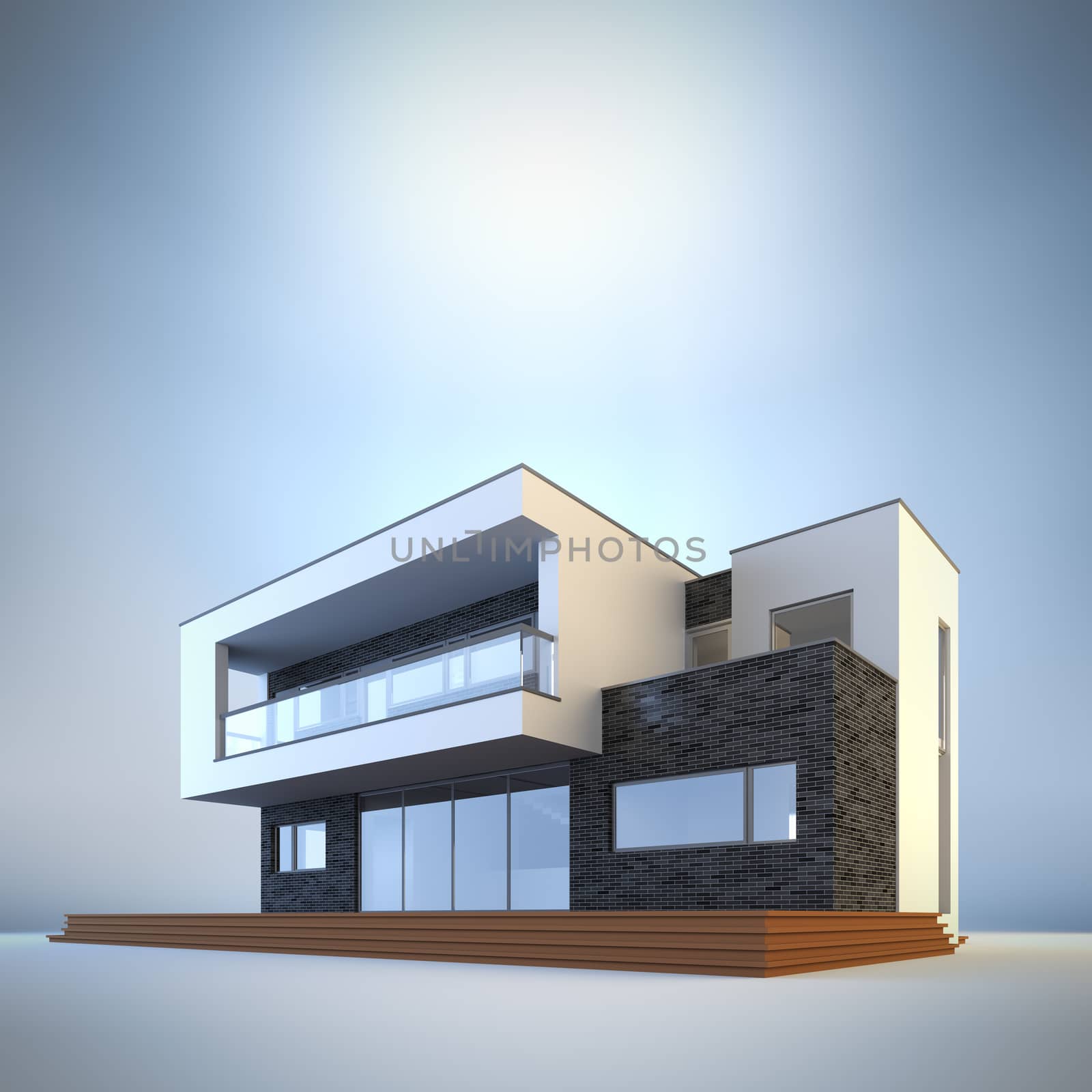 3d render illustration of template contemporary minimalist house at blue background. Empty copy space to place your text or logo.