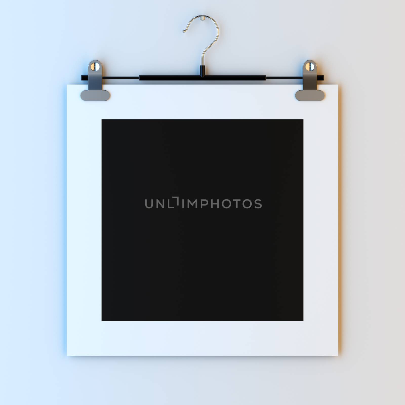 3d render illustration blank template layout of empty paper frame on hanger clips. Paint surface empty to place your photo, image, picture, text or logo.