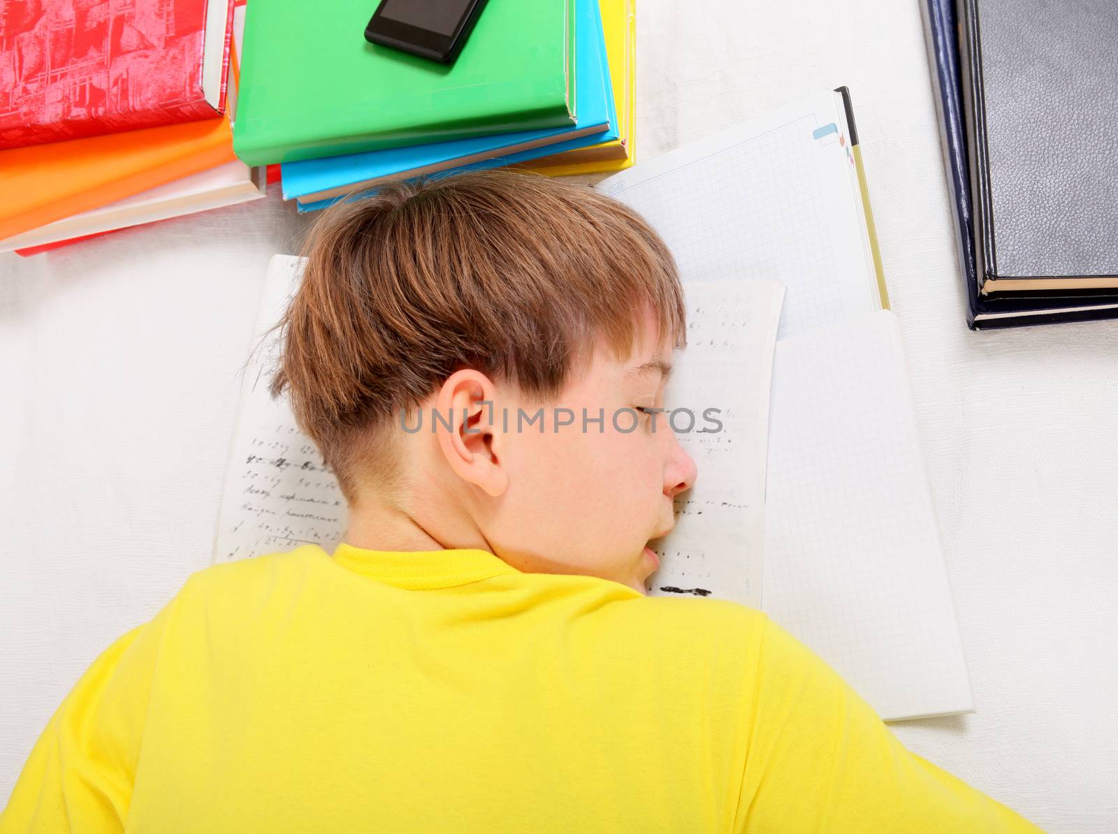 Tired Kid with the Books sleep on the Bed