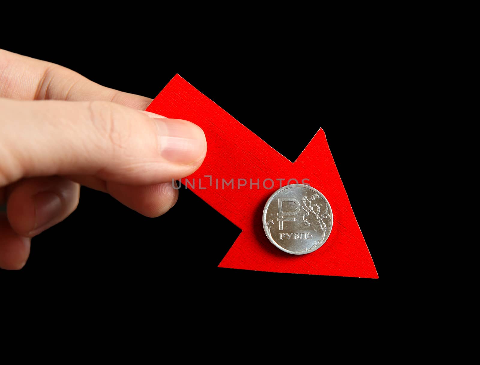 Red Arrow in a Hand with Russian Ruble Down on the Black Background