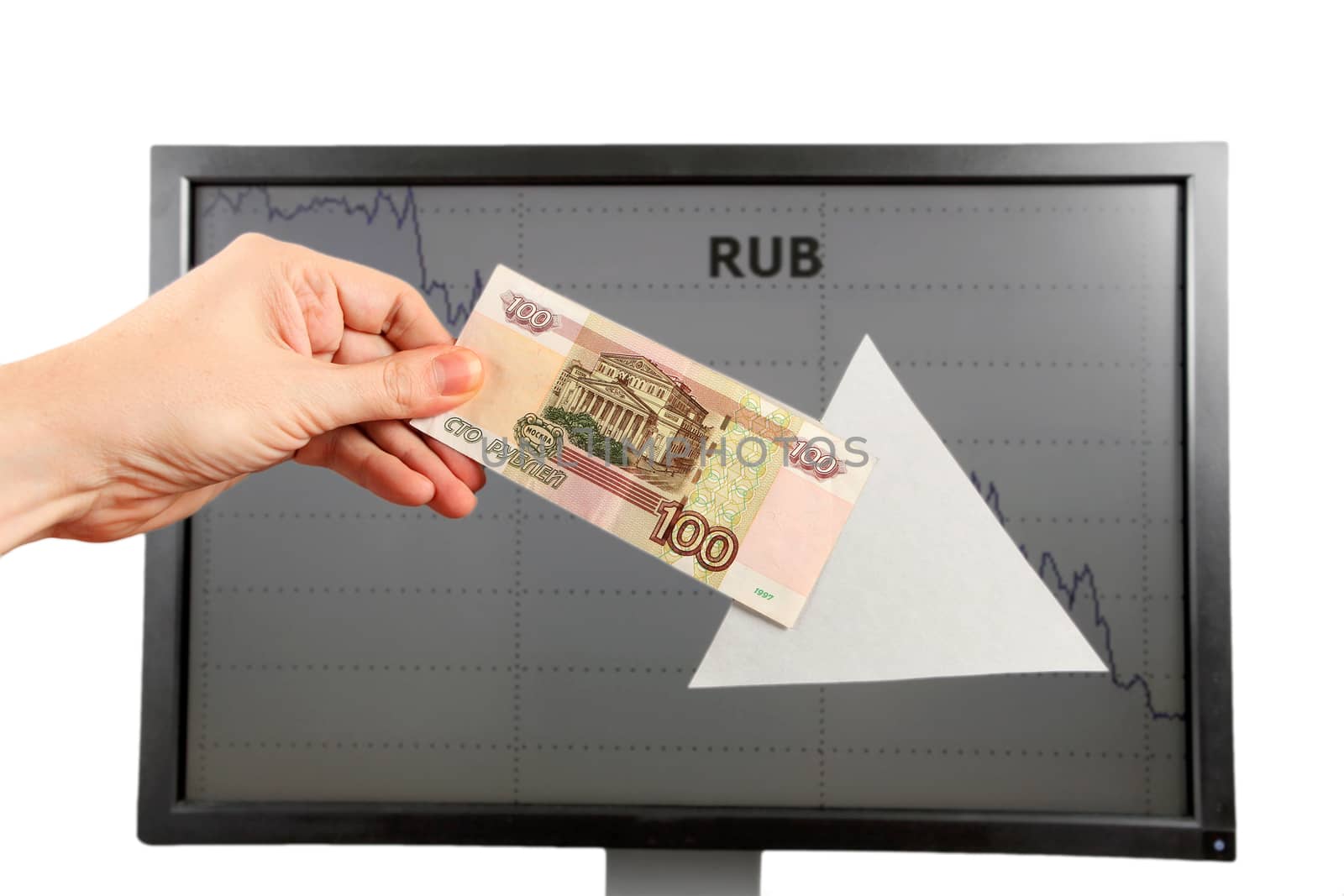 Big White Arrow in a Hand with Russian Ruble on the Monitor Background